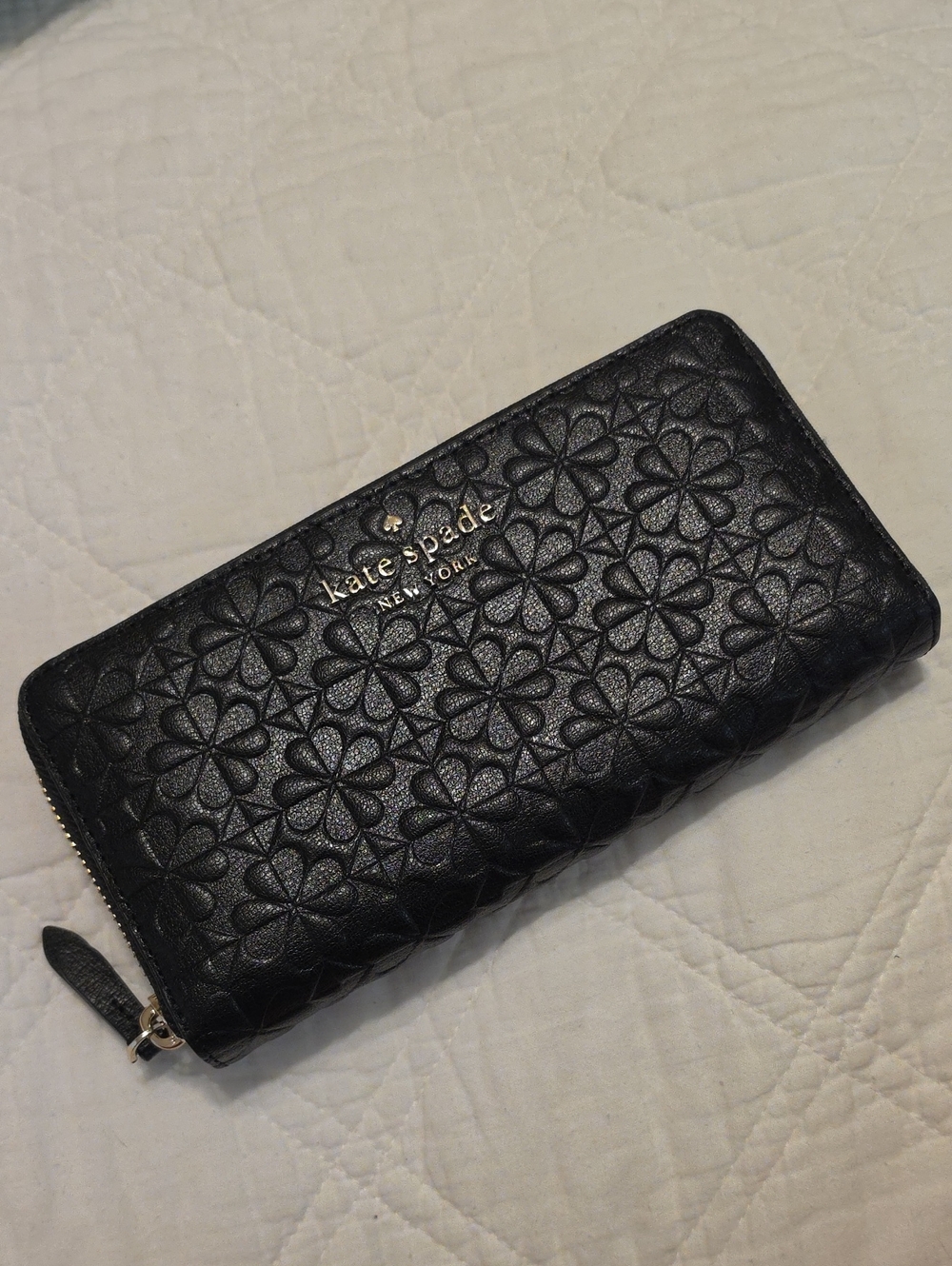 kate spade black embossed floral zip-around wallet